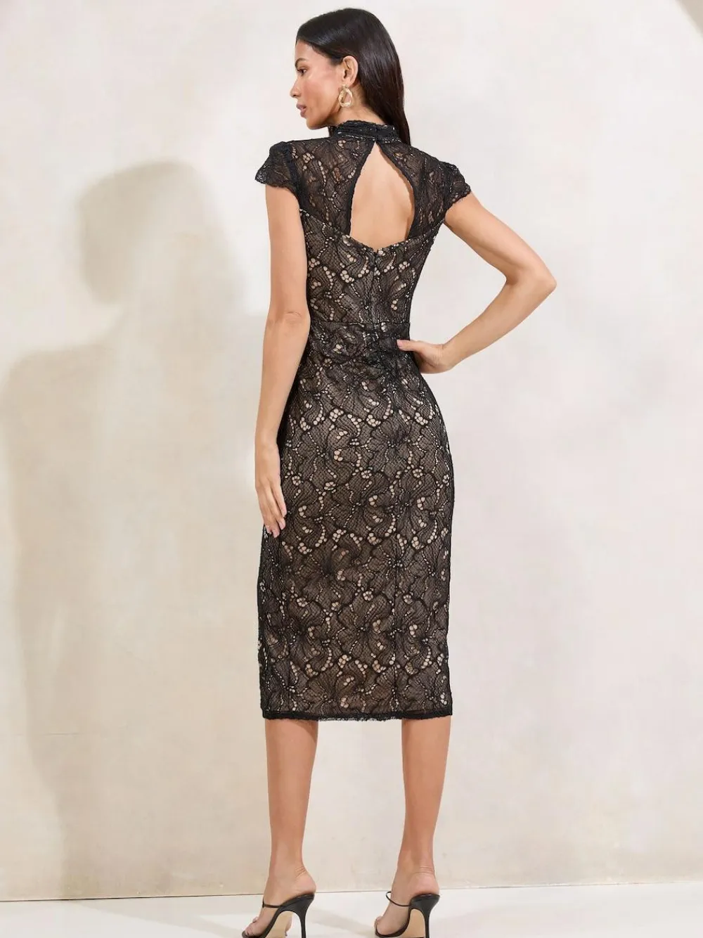 Sale Lipsy Black Lace Short Sleeve Bodycon Midi Dress