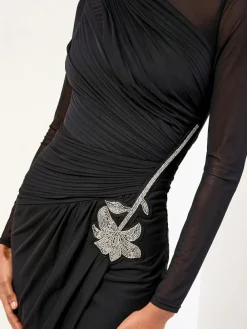 Lipsy Black Long Sleeve Embellished Trim Mesh Bodycon Midi Dress^Women Occasion Dresses