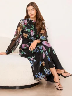 Sale Lipsy Black Long Sleeve Woven Floral Midi Dress