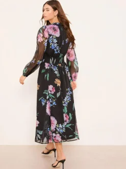 Sale Lipsy Black Long Sleeve Woven Floral Midi Dress