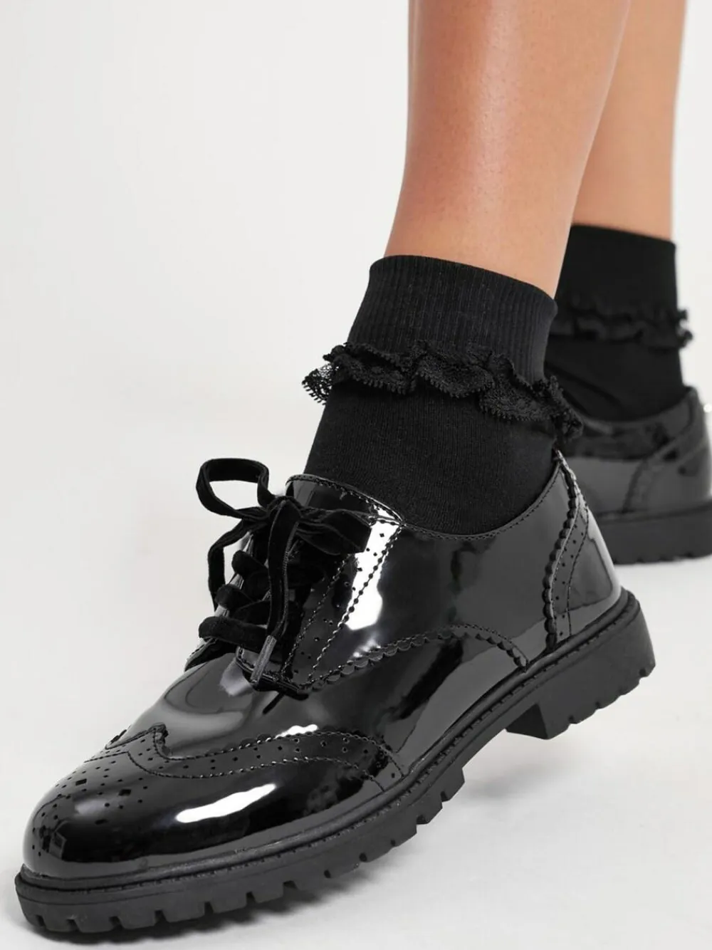 Lipsy Black Narrow Fit (E) Clean Lace Up Chunky Brogue School Shoes^ Shoes