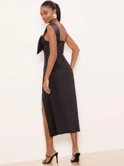 New Lipsy Black One Shoulder Asym Bow Bodycon Midi Dress