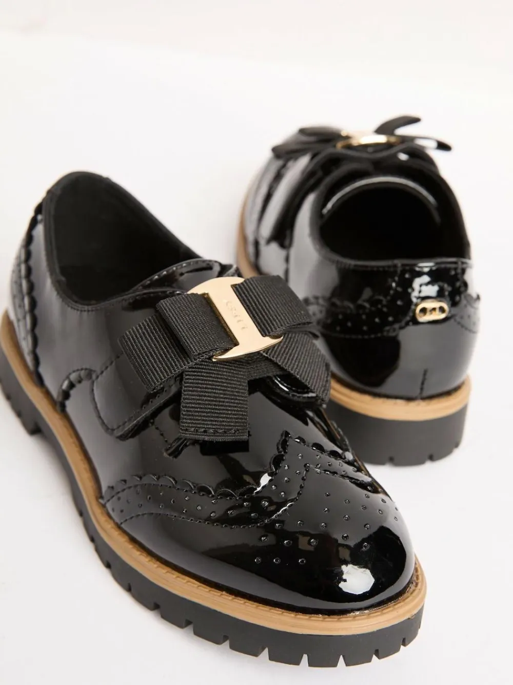 Discount Lipsy Black Patent Bow Detail Brogue School Velcro Strap Shoes