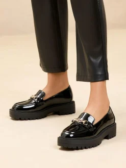 Hot Lipsy Standard Fit Chunky Snaffle Trim Detail Faux Leather Loafers Black Patent