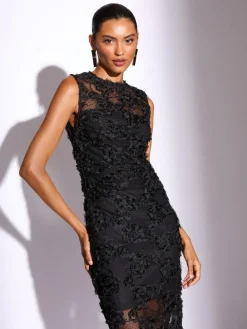 Lipsy Black Petite 3d Floral Mesh Midaxi Bodycon Dress^Women Occasion Dresses|Midi Dresses