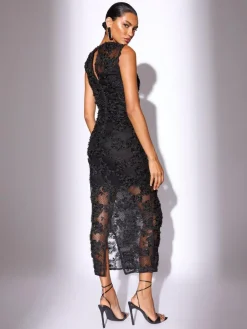 Lipsy Black Petite 3d Floral Mesh Midaxi Bodycon Dress^Women Occasion Dresses|Midi Dresses