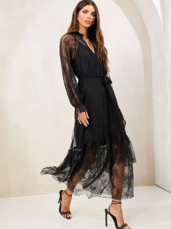 Lipsy Black Petite Lace Ruffle Long Sleeve Midi Dress^Women Occasion Dresses