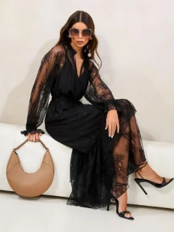 Lipsy Black Petite Lace Ruffle Long Sleeve Midi Dress^Women Occasion Dresses