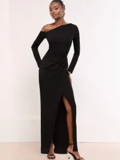 Discount Lipsy Petite Long Sleeve Off The Shoulder Gathered Waist Maxi Dress Black