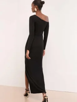 Discount Lipsy Petite Long Sleeve Off The Shoulder Gathered Waist Maxi Dress Black