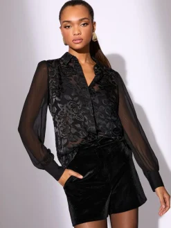 Lipsy Black Satin Sheer Sleeve Burnout Button Through Shirt^Women Occasionwear|Blouses & Shirts
