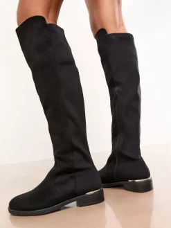 Lipsy Standard fit Faux Suede Elasticated Flat Knee High Casual Boots^Women Boots & Wellies|Boots