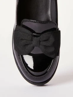Lipsy Black Standard Fit (F) Patent Chunky Bow Slip On Loafer School Shoes^ Boots