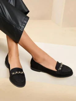 Lipsy Black Standard Fit Flat Slip On Chain Trim Faux Suede Loafers^Women Flats