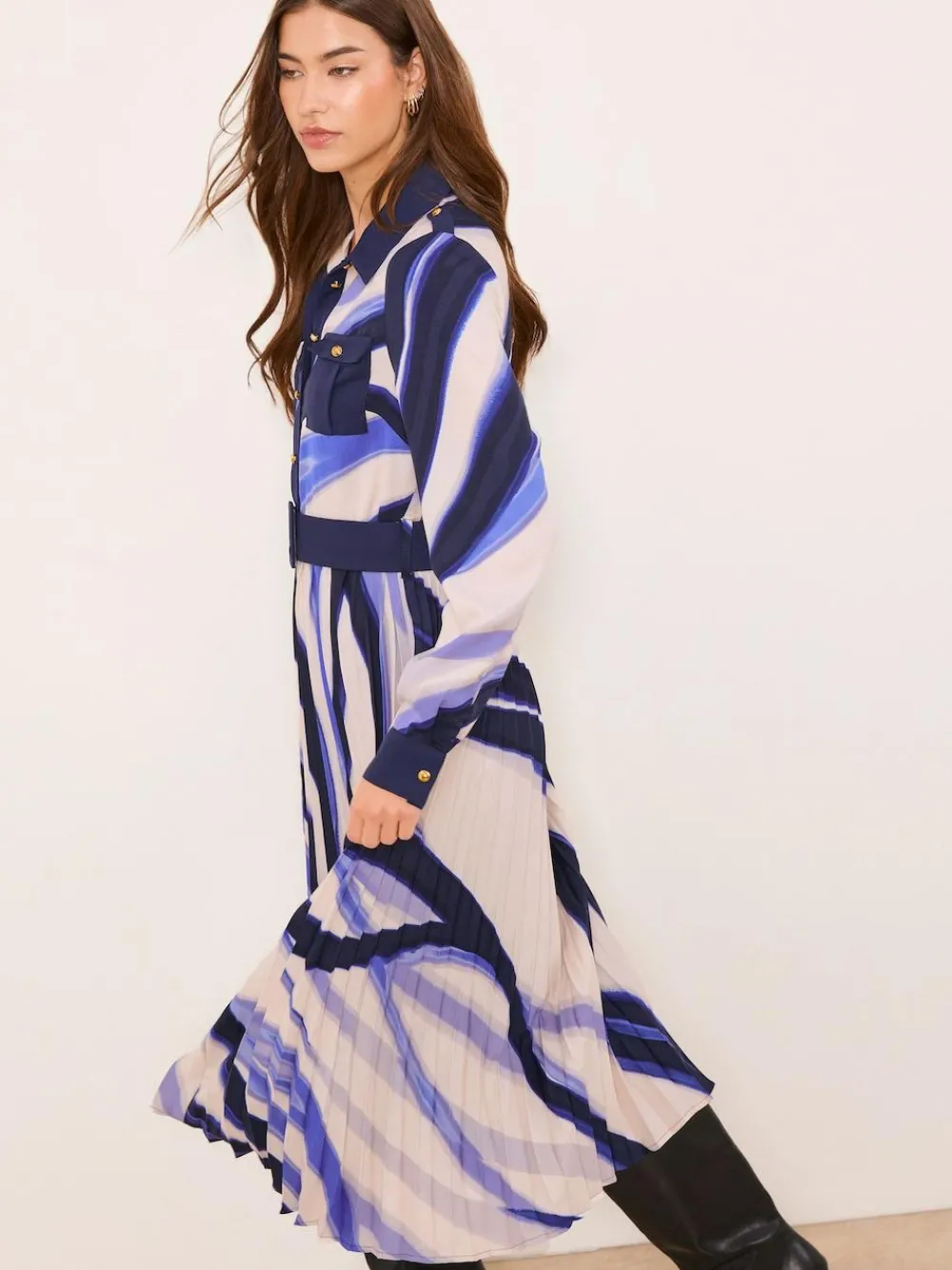 Lipsy Marble Print Woven Pleated Midi Shirt Dress^Women Midi Dresses