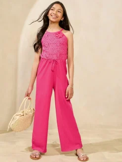 Hot Lipsy Bright Pink Halter Crochet Corsage Holiday Shop Jumpsuit (5-16yrs)