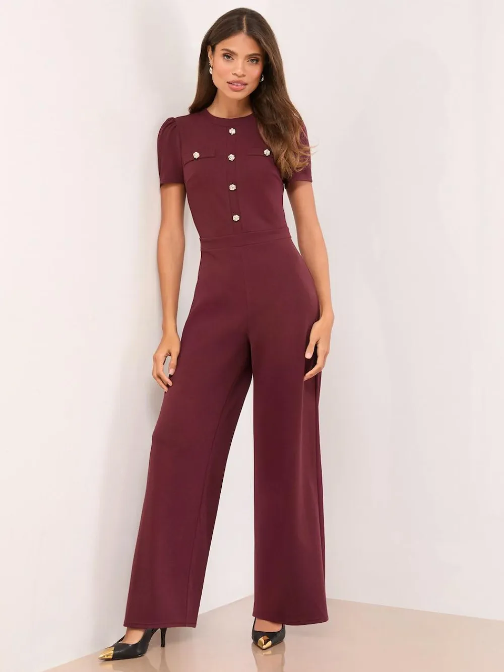 Discount Lipsy Military Buttoned Jumpsuit Burgundy Red