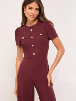 Discount Lipsy Military Buttoned Jumpsuit Burgundy Red