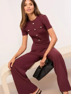 Discount Lipsy Military Buttoned Jumpsuit Burgundy Red