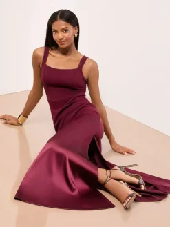 Lipsy Burgundy Red Petite Satin Mix Structured Fishtail Bridesmaid Maxi Dress^Women Maxi Dresses