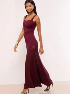 Lipsy Burgundy Red Petite Satin Mix Structured Fishtail Bridesmaid Maxi Dress^Women Maxi Dresses