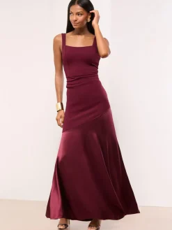 Lipsy Burgundy Red Petite Satin Mix Structured Fishtail Bridesmaid Maxi Dress^Women Maxi Dresses