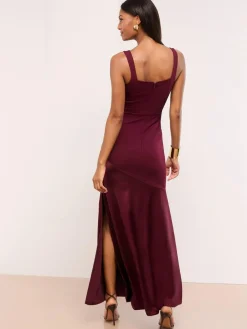 Lipsy Burgundy Red Petite Satin Mix Structured Fishtail Bridesmaid Maxi Dress^Women Maxi Dresses