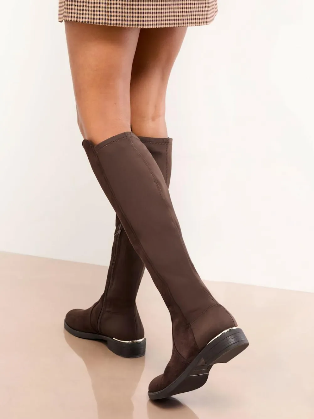 New Lipsy Wide Fit Faux Suede Elasticated Flat Knee High Casual Boots Chocolate Brown