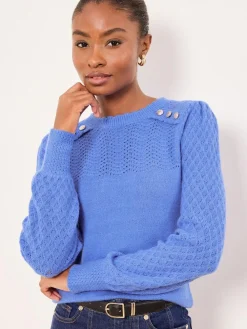 Lipsy Pointelle Stitch Long Sleeve Crew Neck Knit Jumper Cobalt Blue Buttoned
