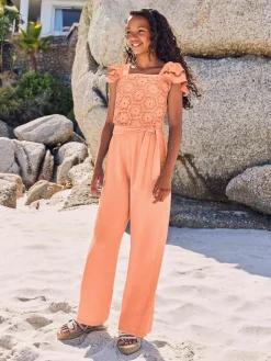 New Lipsy Coral Orange Crochet Holiday Shop Jumpsuit (5-16yrs)