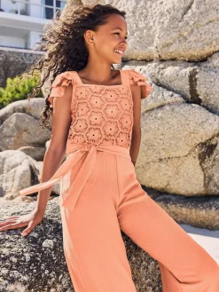 New Lipsy Coral Orange Crochet Holiday Shop Jumpsuit (5-16yrs)