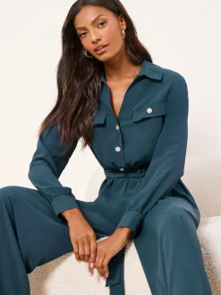 Best Lipsy Dark Green Utility Belted Military Buttoned V-Neck Jumpsuit