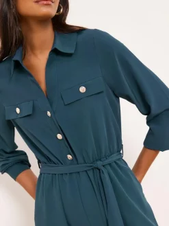 Best Lipsy Dark Green Utility Belted Military Buttoned V-Neck Jumpsuit