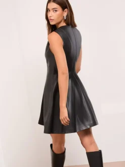 Lipsy Faux Leather Black Studded Mini Fit and Flare Dress^Women Dresses