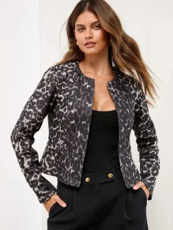 Outlet Lipsy Grey Animal Print Cropped Collarless Blazer