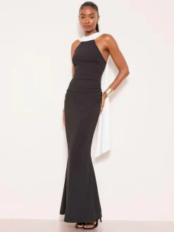 New Lipsy Monochrome High Neck Scarf Drape Maxi Dress