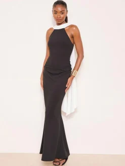 New Lipsy Monochrome High Neck Scarf Drape Maxi Dress