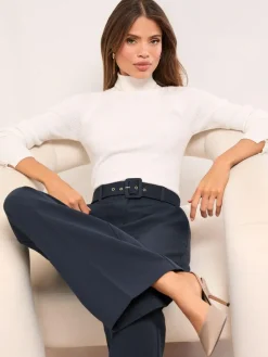 Best Lipsy Belted Tailored Wide Leg Trousers Navy Blue