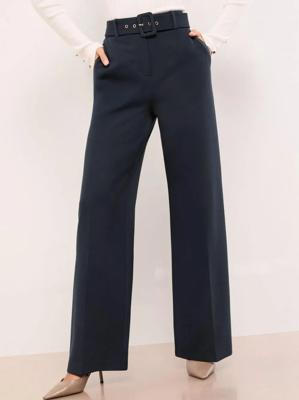 Best Lipsy Belted Tailored Wide Leg Trousers Navy Blue