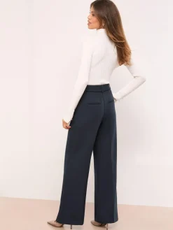 Best Lipsy Belted Tailored Wide Leg Trousers Navy Blue