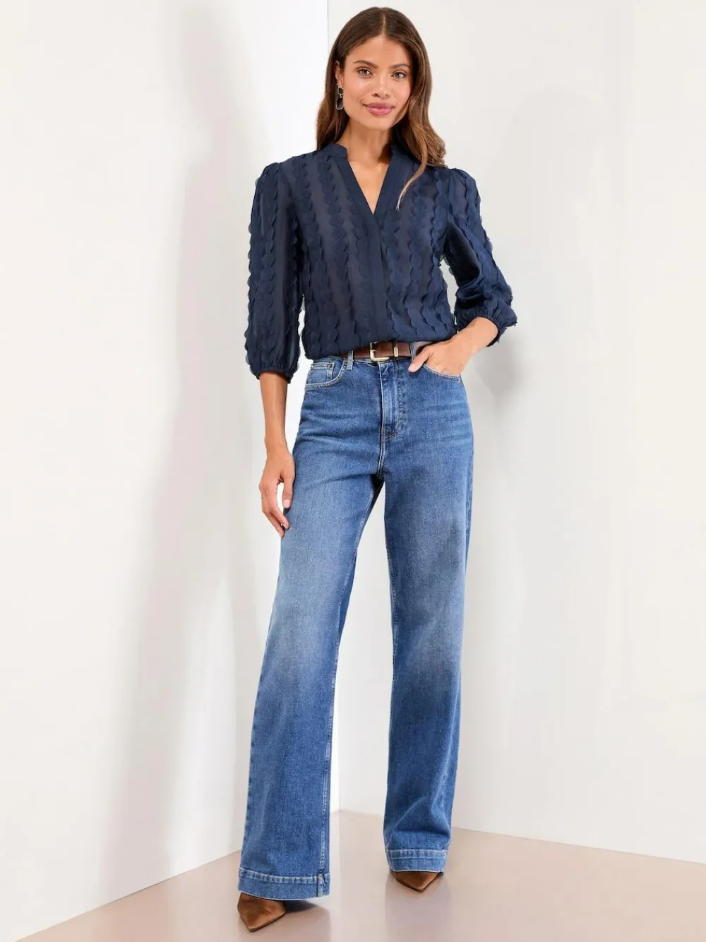 Best Lipsy 3D Fabric Grandad Collar Short Sleeve Shirt Navy Blue