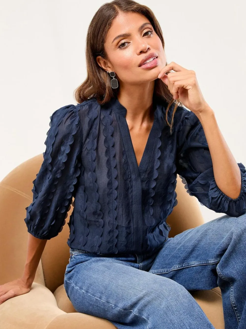 Best Lipsy 3D Fabric Grandad Collar Short Sleeve Shirt Navy Blue