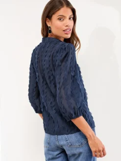 Best Lipsy 3D Fabric Grandad Collar Short Sleeve Shirt Navy Blue