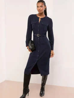Lipsy Grandad Collar Belted Midi Button Through Shirt Dress^Women Dresses