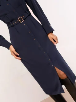 Lipsy Grandad Collar Belted Midi Button Through Shirt Dress^Women Dresses