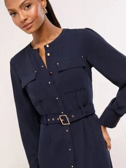 Lipsy Grandad Collar Belted Midi Button Through Shirt Dress^Women Dresses