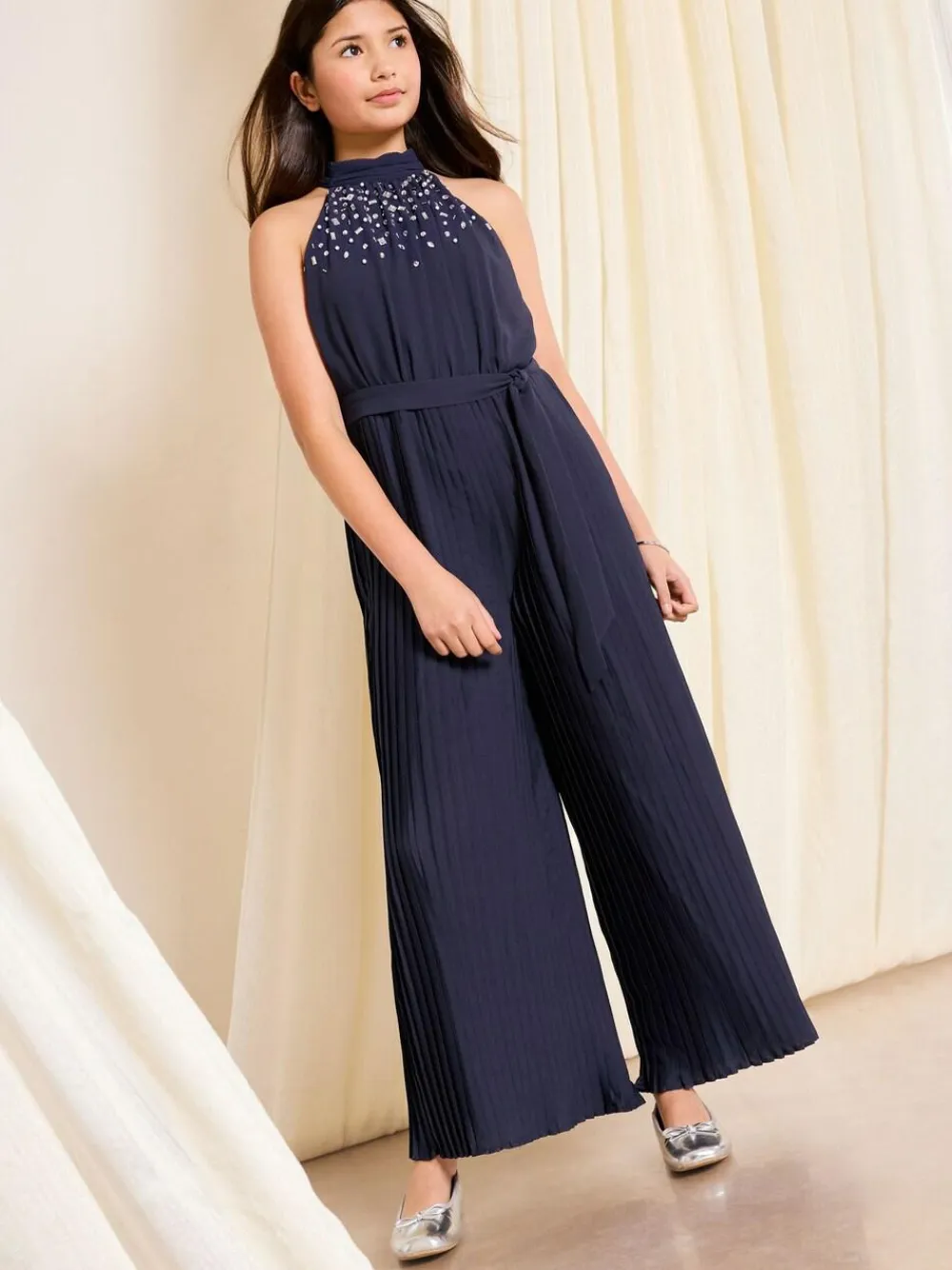 Clearance Lipsy Navy Blue Halter Embellished Occasion Jumpsuit (7-16yrs)