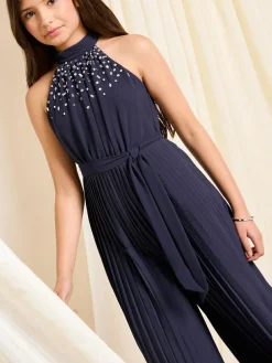 Clearance Lipsy Navy Blue Halter Embellished Occasion Jumpsuit (7-16yrs)
