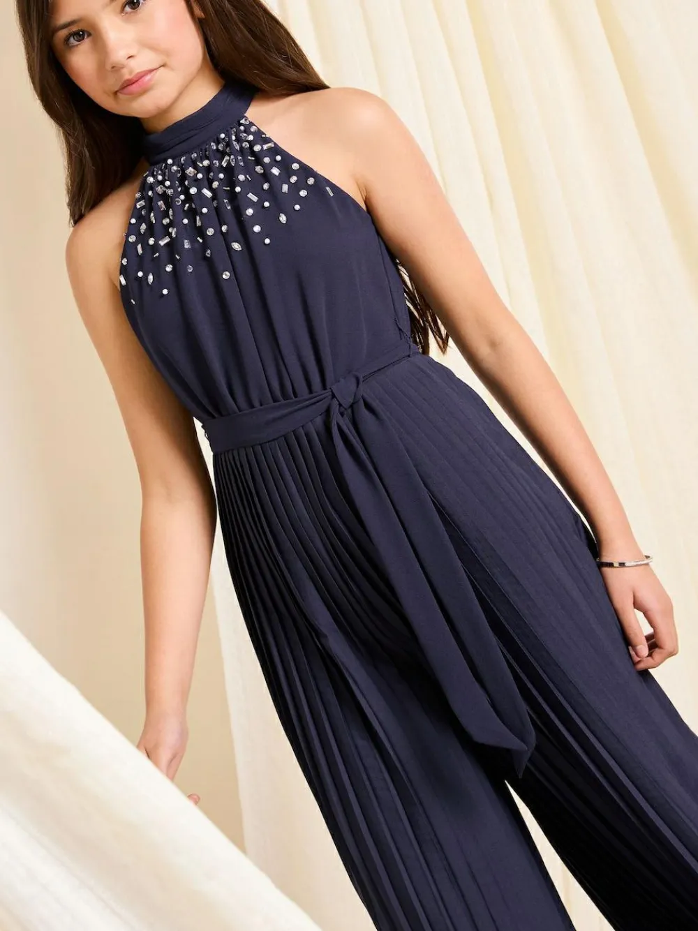 Clearance Lipsy Navy Blue Halter Embellished Occasion Jumpsuit (7-16yrs)