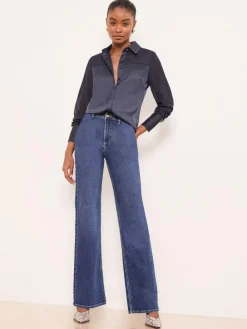 New Lipsy Long Sleeve Satin Chiffon Mix Shirt Navy Blue